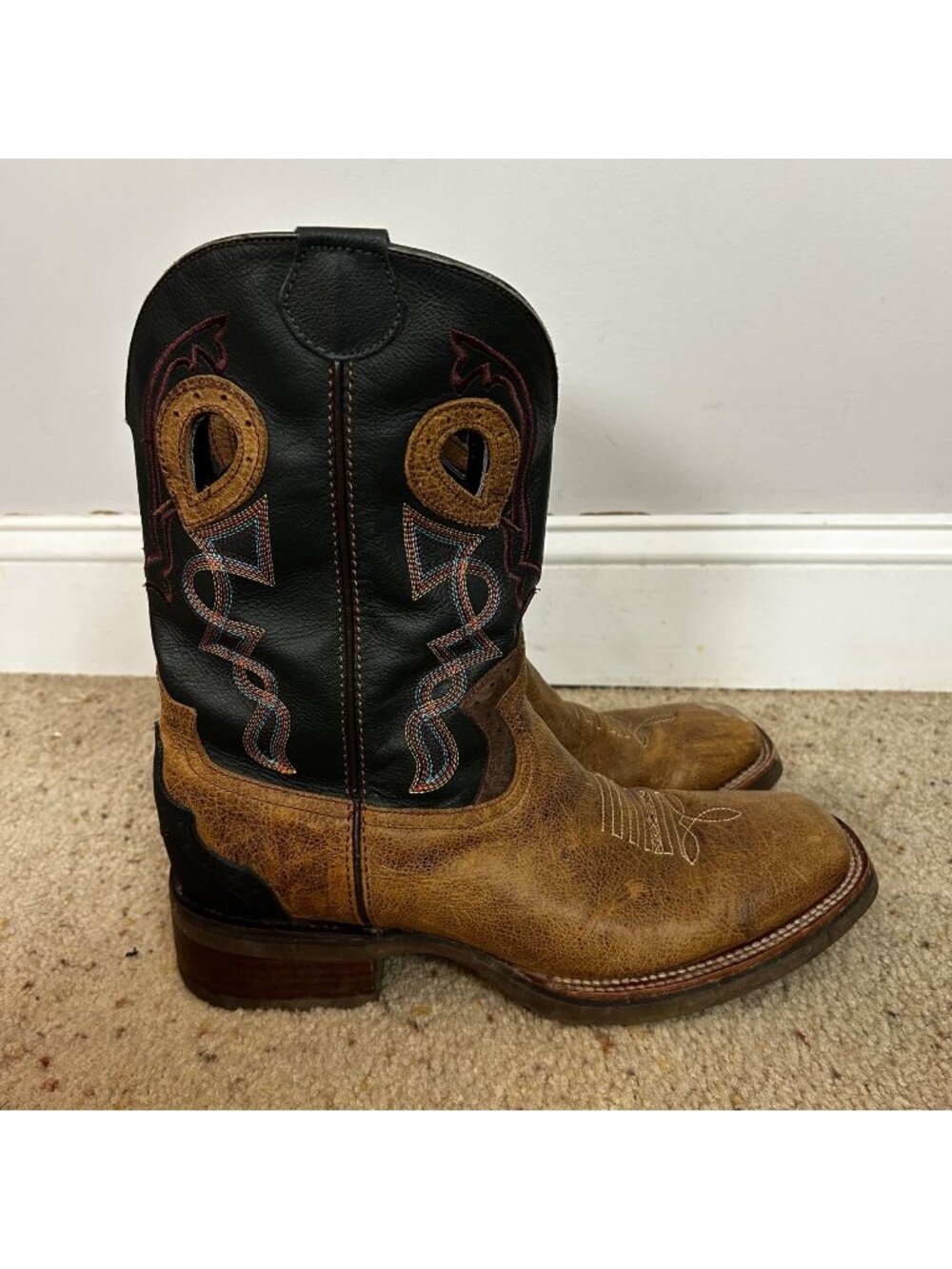 JB Dillon Western Boots Leather Pull On Decorative Stitching Square Toe Size 12D